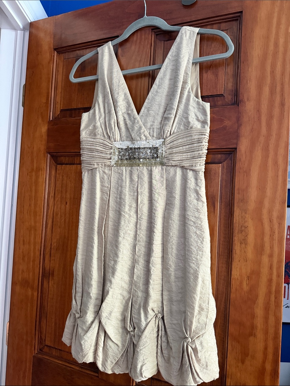 BCBG Maxazria Gold Sleeveless V-Neck Cocktail Dress with Sequin Waist